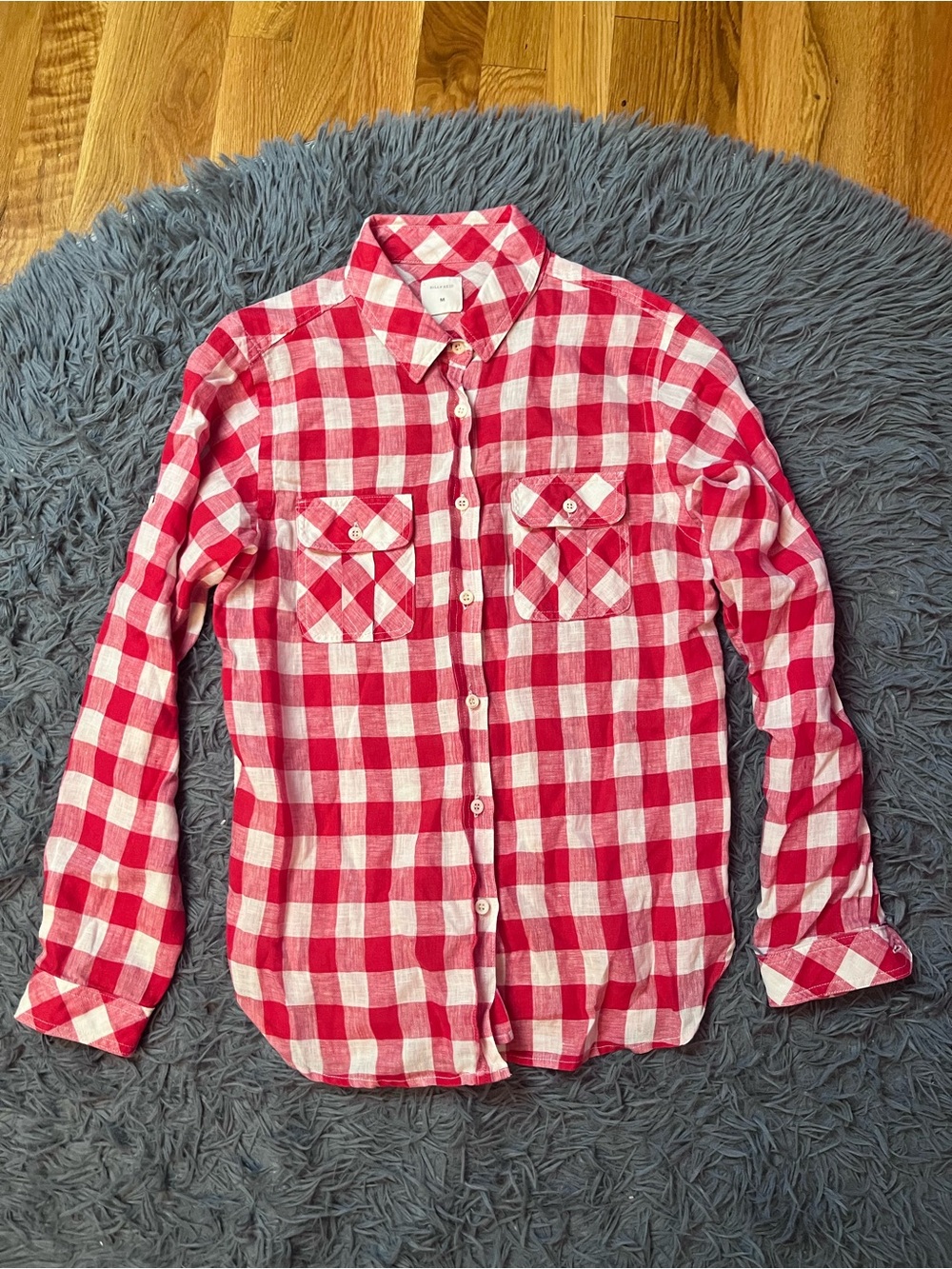 Billy Reid Red White Check Plaid 100% Linen Long Sleeve Shirt Size M
